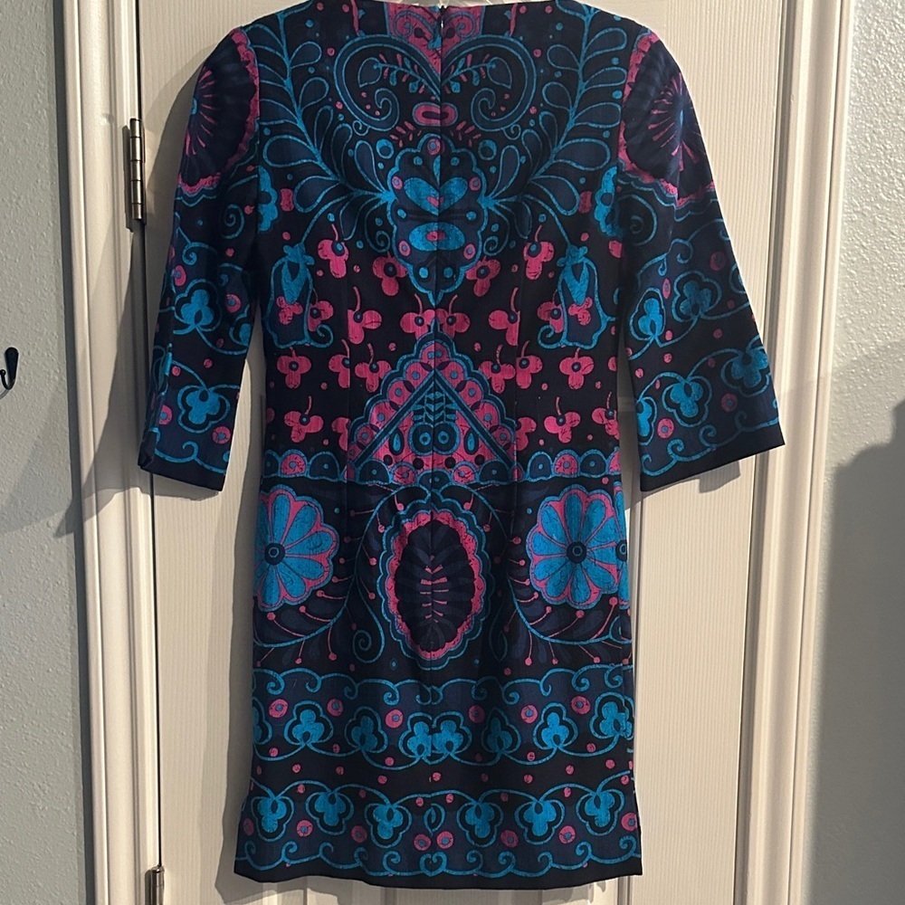 Trina Turk Vibrant Blue Pink Floral Geometric Patter Cotton Shift Dress 0 - Picture 3 of 9